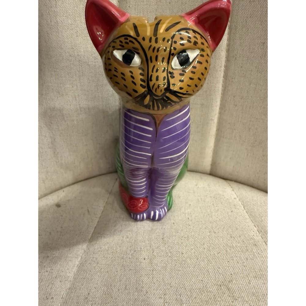 Talavera Pottery Mexican Folk Art Coin Bank Sitting Black Cat‎ Figurine 8.25"